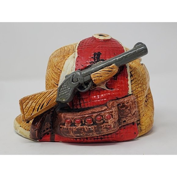 Vintage Hunting Hat Coin Bank With Stopper Red Gold And Yellow - Picture 2 of 10